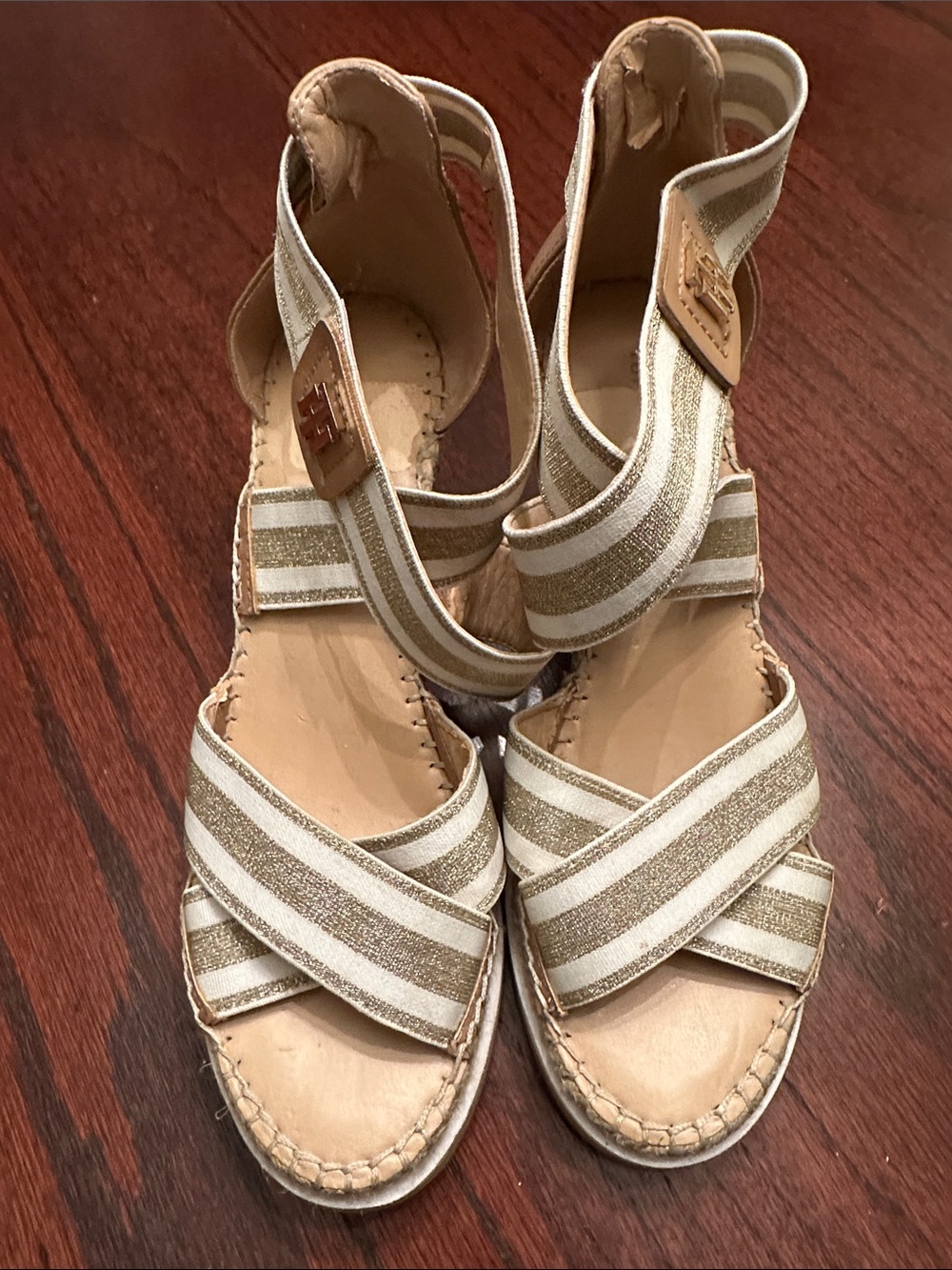 Tommy Hilfiger Beige and Gold Striped Wedge Sandals